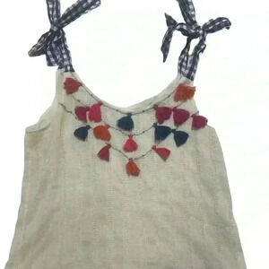 THML Multi Colored Tassel Cream Tank Blue Gingham Ribbon Ties size Small